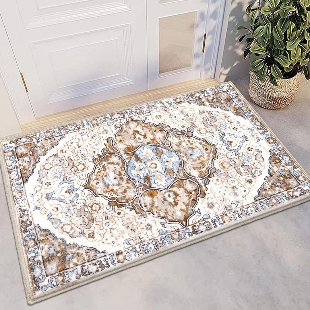 HEBE Washable Area Rug - 2'x3' Non Slip Soft Distressed Medallion Bedroom Boho Living Room Accent Throw Vintage Entry Floor Carpet for Dining Room Bathroom Entryway (Brown/Beige)