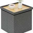 Square Storage Ottoman with Tray Top, Small Linen Fabric Ottoman Cube Coffee Table with Storage, 16" Folding Footrest for Living Room, Dorm, Bedroom, Grey