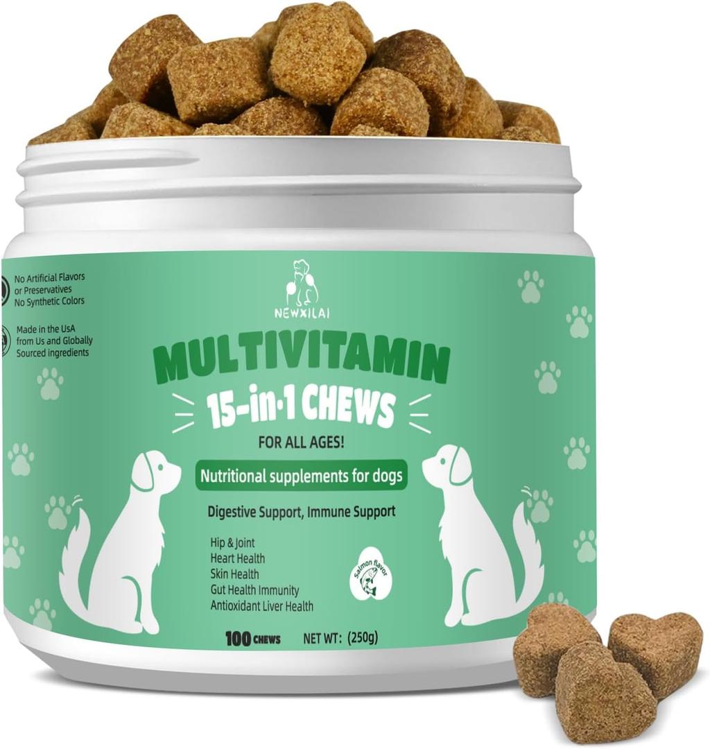 Premium Multivitamin Chewable for Dog - Dogs Vitamins Supplements with Glucosamine HCL Omega-3 Antioxidants Support Digestion Joint Health Immune Function Skin & Coat, Beef Flavor 100 Soft Treats