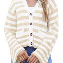 Saodimallsu Womens Striped Cardigan Sweaters Cropped Fall Button Open Front Long Sleeve Knit Sweater Coat with Pockets (XXL, Apricot)