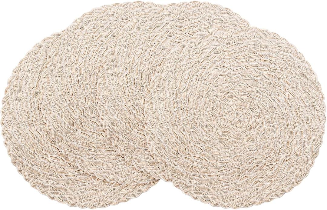 Floroom 15 Inch Round Braided Placemats Set of 4, Washable Heat Resistant Cotton Polyester Circle Boho Place Mats for Kitchen Dining Table - Canvas Beige