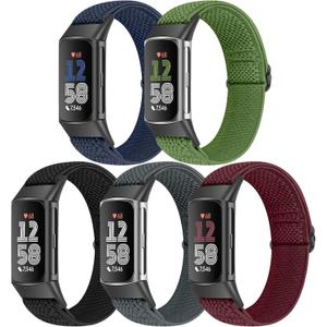 5 Pack Elastic Nylon Watch Bands Compatible for Fitbit Charge 6/Fitbit Charge 5, Adjustable Breathable Replacement Stretchy Nylon Loop Wristband Sport Strap for Women Men (Black+Grey+Indigo+Navy Green+Wine Red)
