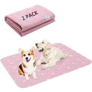 PUPTECK Washable Pee Pads for Dogs - 2 Pack 34" x 36" Waterproof Reusable Puppy Potty Training Pads Whelping Mat - Fast Absorption Non-Slip Pet Food Feeding Mat -Pad for Small Animals (Pink)
