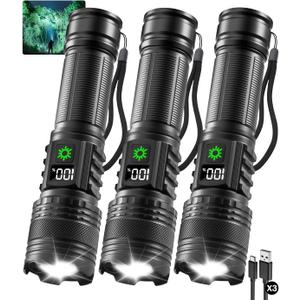 3Pack Rechargeable Flashlights High Lumens 9900FL, LED Flashlight Rechargeable with LCD Digital Display, 5Modes Adjustable Flash Light, Super Bright Flashlight Powerful, Tactical Flashlights for Home