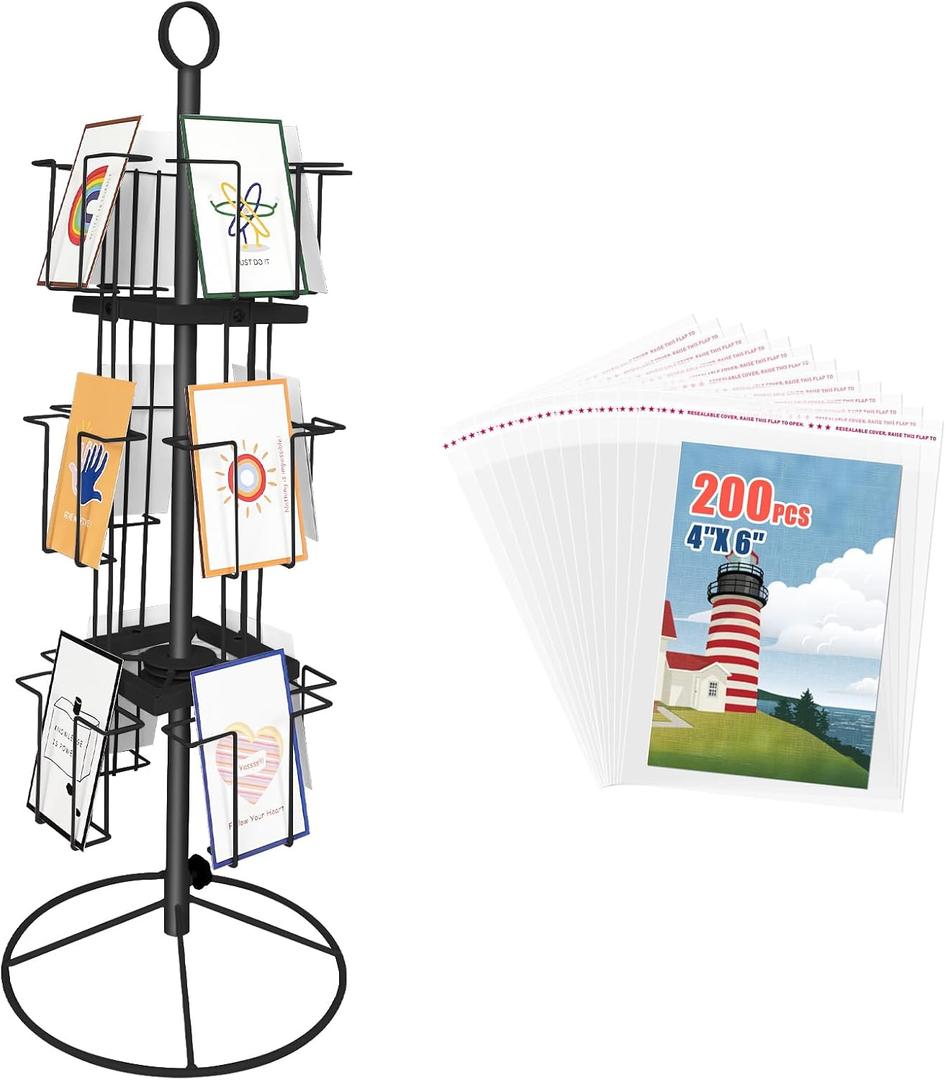 TONGMO Rotating Greeting Card Stand - Enhance Your Display with a 12-Pocket Rotating Countertop Solution for Postcards, Brochures, and Greeting Cards (7H - 12 Pockets) (Black)