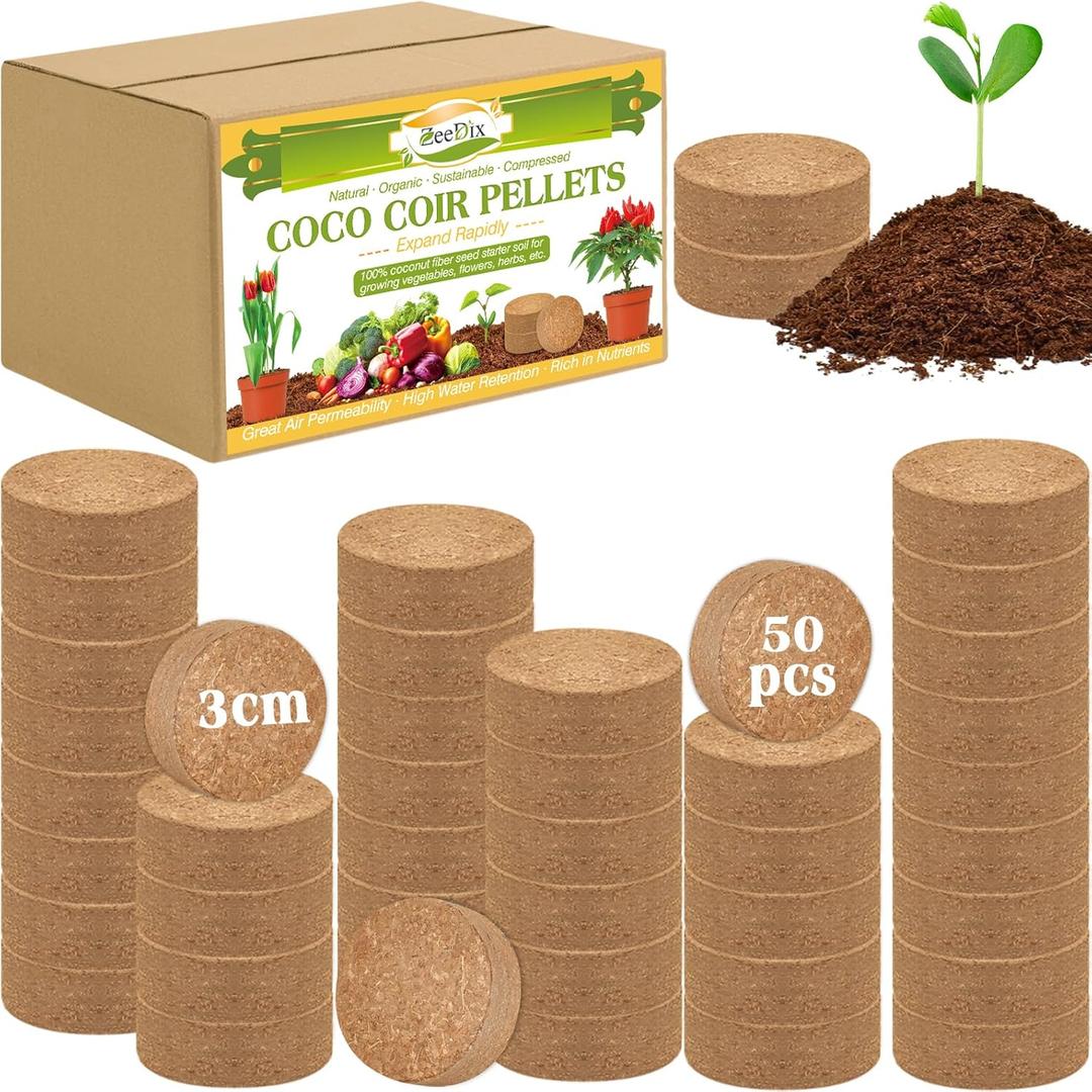 ZeeDix 50pcs 30mm Coco Coir Pellets Potting Soil, Organic Coconut Fiber Seed Starter Soil Pellets, Coconut Coir Soil Discs for Indoor Outdoor Plants, Herbs Houseplants Flowers Succulents Vegetables