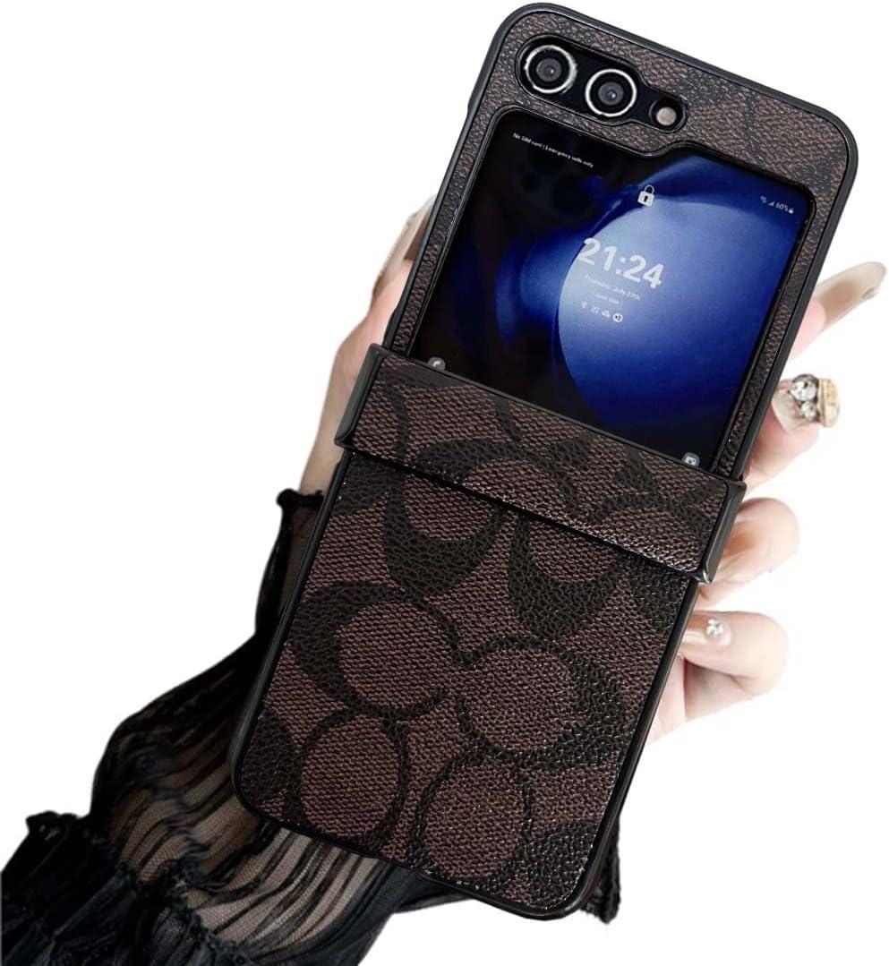 for Galaxy Z Flip 7 Case with Hinge Protection, Luxury Designer PU Leather Anti-Fingerprint Shockproof Protective Cover Phone Case for Galaxy Z Flip 7 Brown