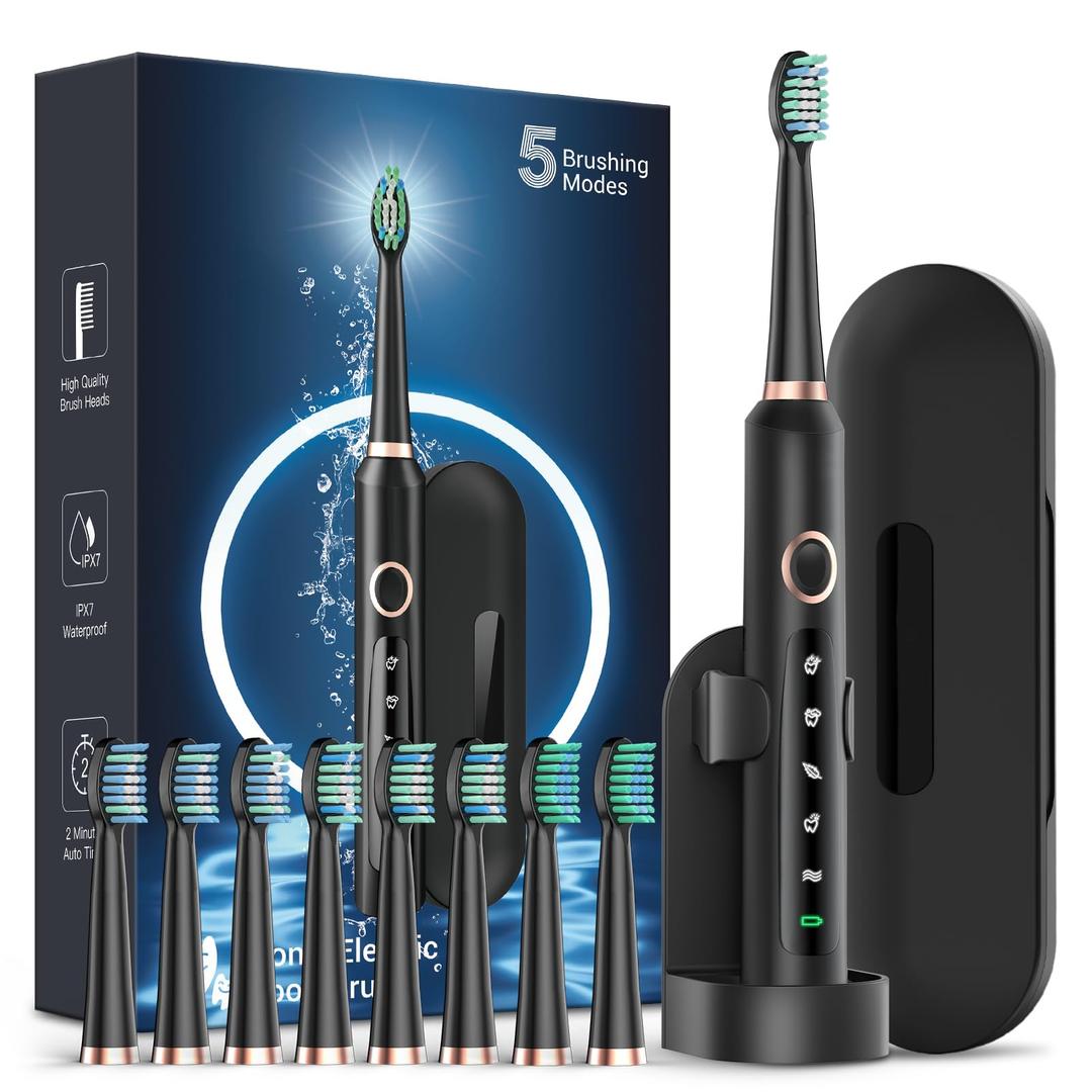 Rtauys M5 Sonic Electric Toothbrush for Adults and Kids - Rechargeable Electric Toothbrush Kids Ages 12+ and Adults with 8 Brush Heads & Travel Case, 120 Days Battery Life - Light Blue