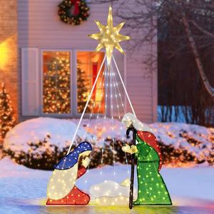 Tangkula 6 FT Christmas Lighted Nativity Scene Set, Pre-Lit Xmas Scene with 240 LED Lights, Ground Stakes, Zip Ties & 6 Lightening Modes, Xmas Holy Family Set for Yard Lawn Garden