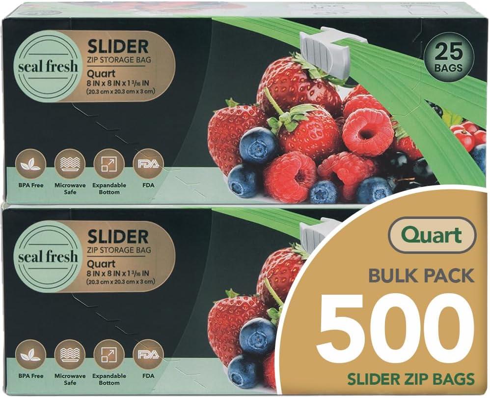 Quart Slider Storage Bags (500 Count) with Expandable Bottom, BPA Free, Microwave Safe  Clear Storage Organizer, Large Reusable Freezer Bags