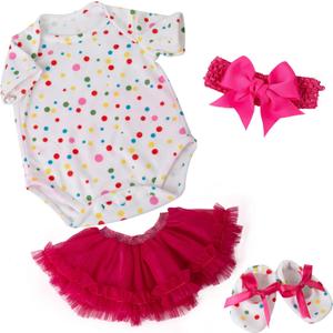 EKOKIZ Soft Reborn Baby Doll Outfits, 4-Piece Realistic Baby Doll Clothes Set with Easy-Snap Onesie, Glitter Waist Tutu & Cute Shoes - Fits Most 17-20 inch Reborn Girl Dolls (Colorful Polka Dots)