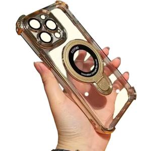 Piegricdiat Magnetic case for iPhone 13 pro Max with Full Camera Lens Protection(Compatible with MagSafe),Military Shockproof Slim Electroplate Bumper Clear Cover Built-in Invisible Ring Stand, Gold