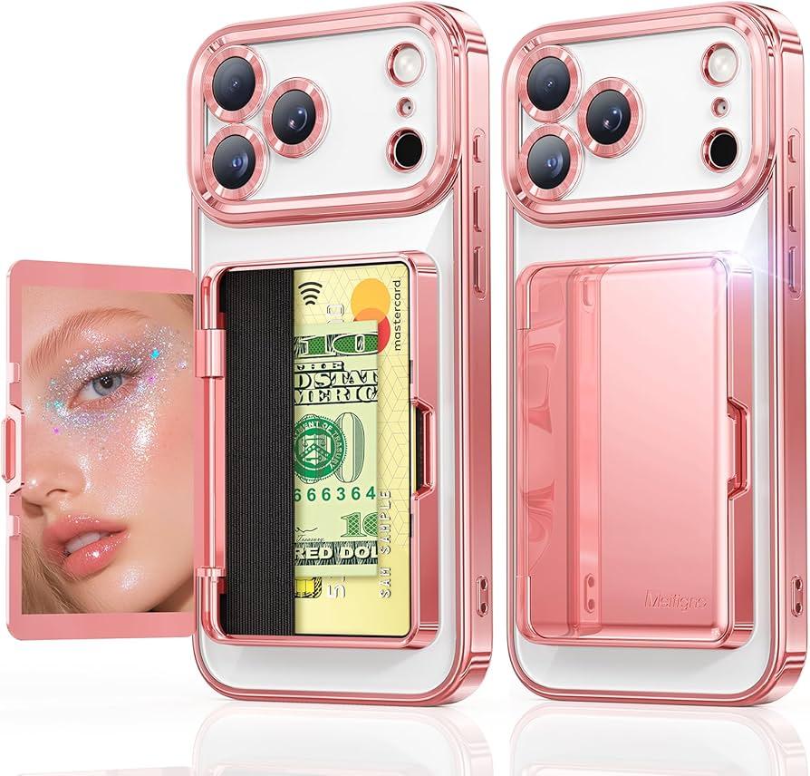 Meifigno for iPhone 17 Pro Wallet Case (Holds 3-4 Cards & Cash), Built-in Mirror & Kickstand, [Surround Raised Lens Protection] for iPhone 17 Pro Case with Card Holder for Women (6.3''), Rose Gold