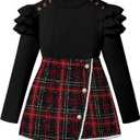 Tomolant Girls Clothes Skirt Set Fall Winter Long Sleeve Ruffle Top And Plaid Skirt Girls Clothing Set 2 Piece Outfit (7-8 Years, Black+Red)