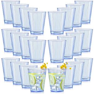 24 PCS Plastic Ribbed Drinking Glasses 10oz Blue Unbreakable Vintage Ripple Stemless Wine Glasses Cocktail Tumbler Glass Cups Disposable Retro Glasses Drinkware for Wedding Baby Shower Birthday Party