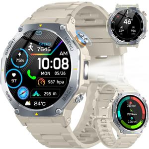 Military Smart Watch for Men Built-in GPS with LED Flashlight Compass, 1.43" AMOLED Display 5ATM Waterproof Fitness Tracker with Heart Rate/Sleep/Blood Oxygen, Watches for Android/iPhone, Khaki