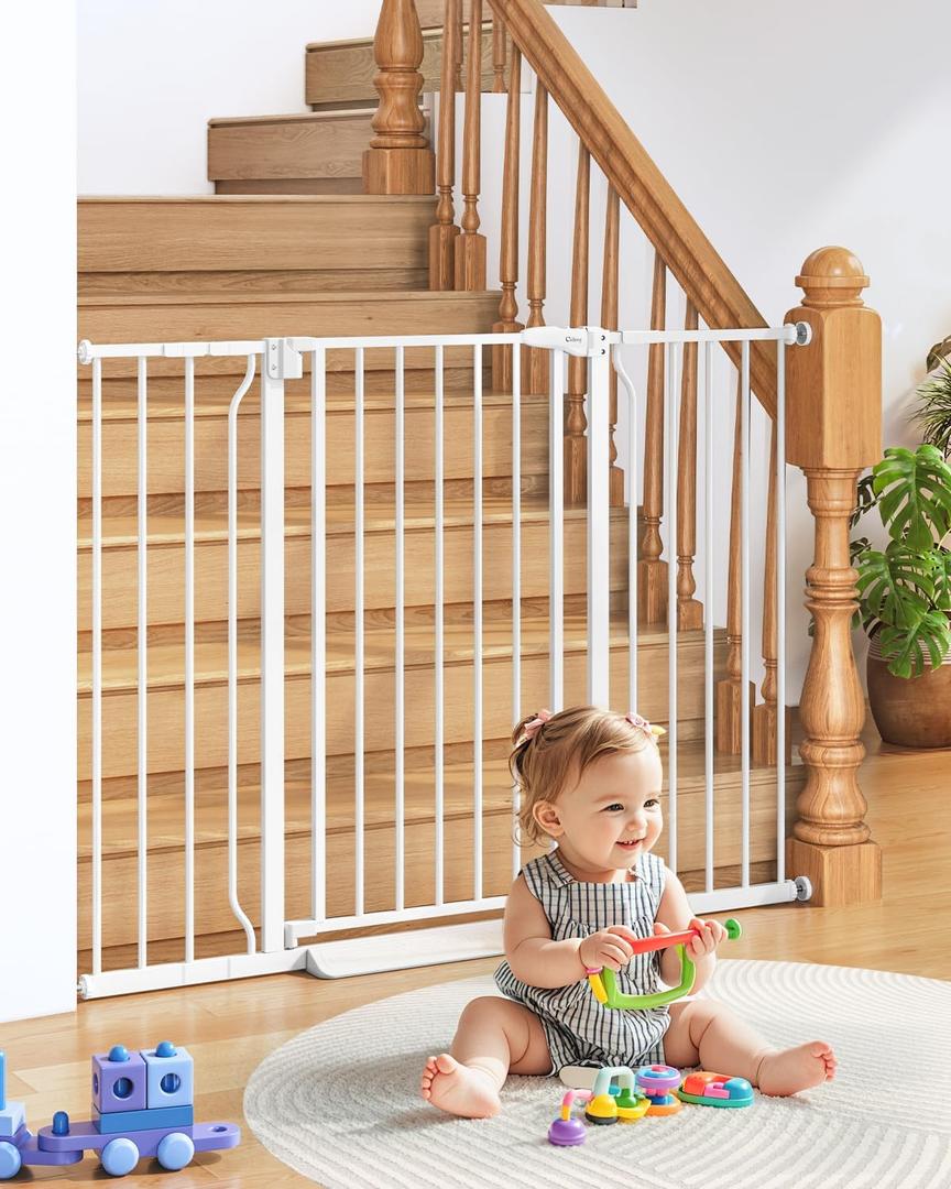 34" Extra Tall Baby Gate for Stairs, Auto Close Stroller Friendly Dog Gate Indoor for Doorways, Pressure Mounted 29"-51" Wide Baby Gate, Easy Walk Through Gate for Children & Pets, White