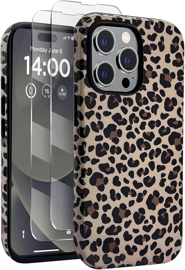 J.west Compatible with iPhone 14 Pro Max Case 6.7 inch with 2 Pack Tempered Glass Screen Protectors Cute Animal Leopard Hybrid Cover for Girls Women Aesthetic Protective Phone Cases Cheetah