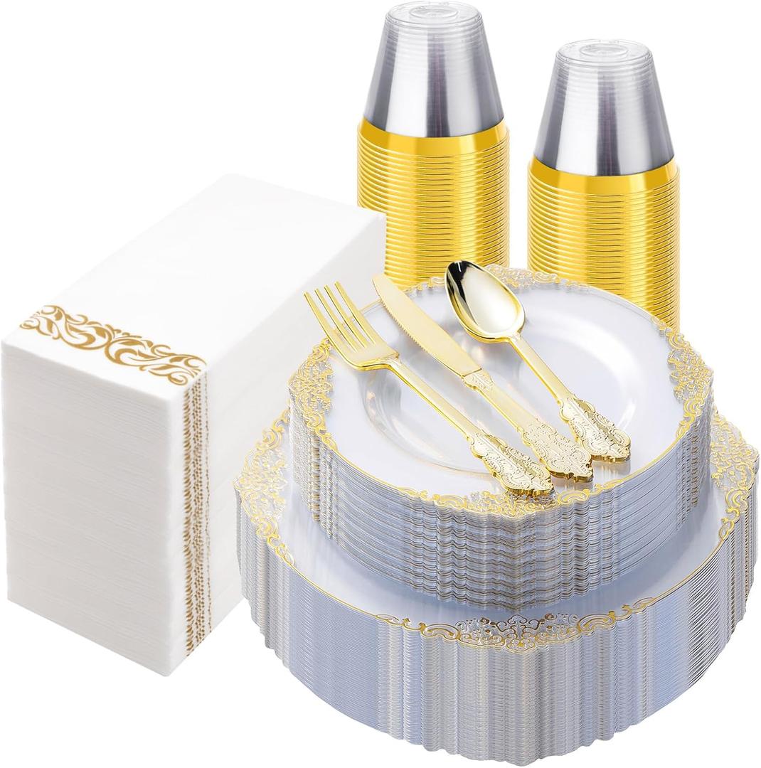 Bestluck 350PCS Clear Gold Plastic Plates for 50 Guests, Disposable Dinnerware Set Includes 100 Clear Disposable Plates, 150 Gold Silverware, 50 Cups, 50 Napkins for Party, Wedding