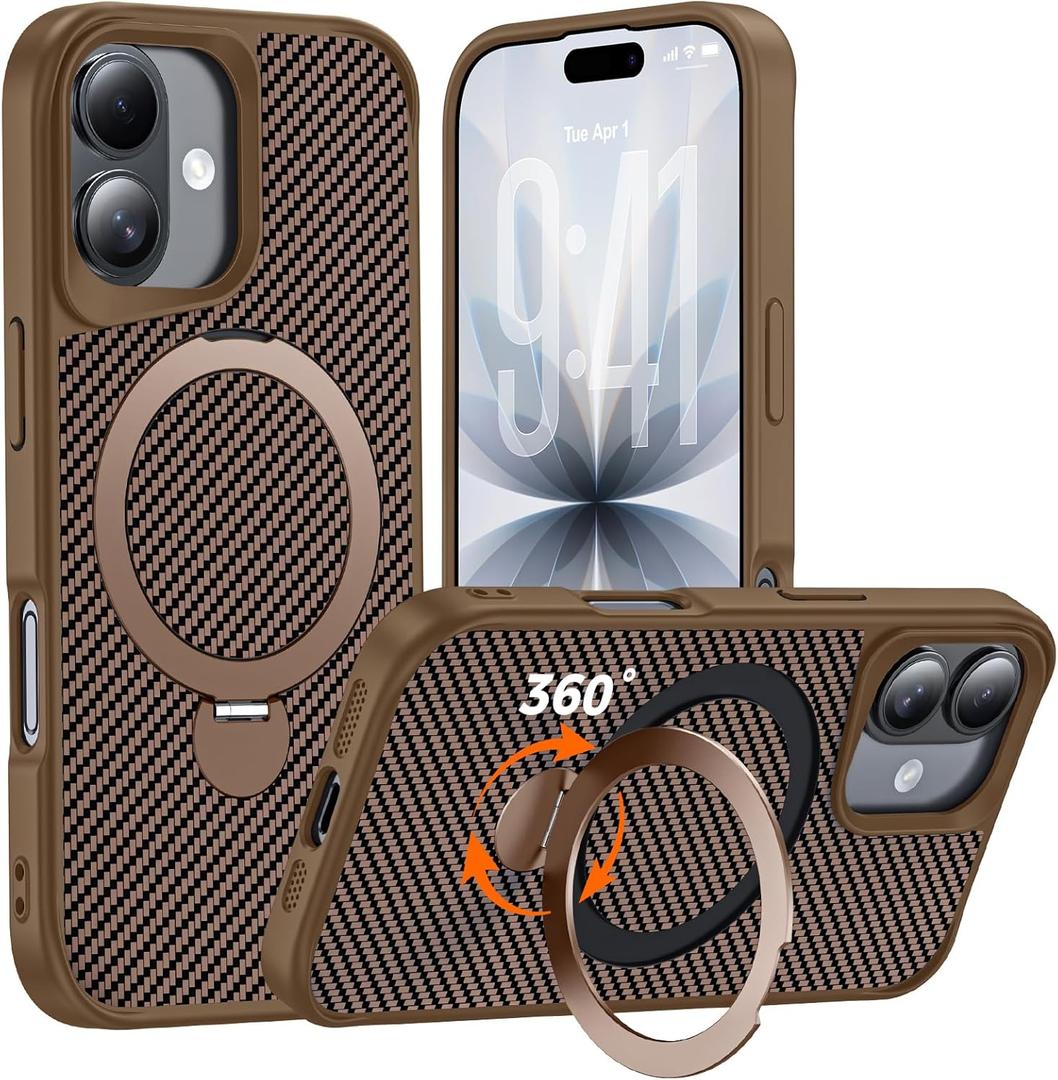 Designed for iPhone 17 Case with 360 Magnetic Stand, Carbon Fiber Phone Case [Compatible with Magsafe] [15FT Military Protection] with Stand Ring 6.3'', Desert Titanium