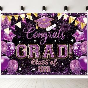 7 x 5 FT Graduation Backdrop - Extra Large Glittering Congrats Grad and Class of 2025 Banner Wall Hanging, Festive Photo Background Booth Prop for Indoor Outdoor Graduation Party Decorations (Purple)