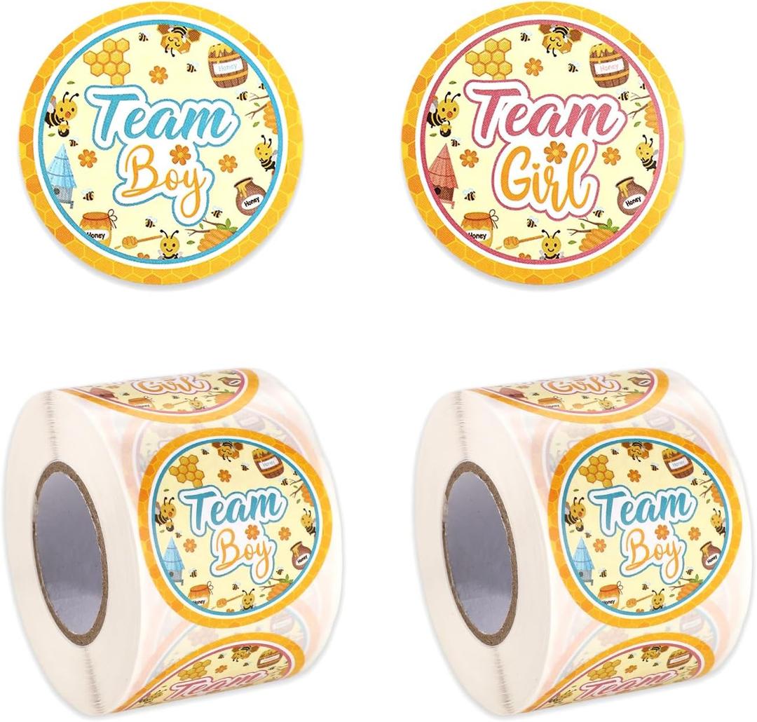 1000pcs Bumble Bee Gender Reveal Stickers, Colorful Team He Boy or Team She Girl Stickers Little Honey Bee Party Supplies for Baby Shower Favors Gender Reveal Party Games Decorations