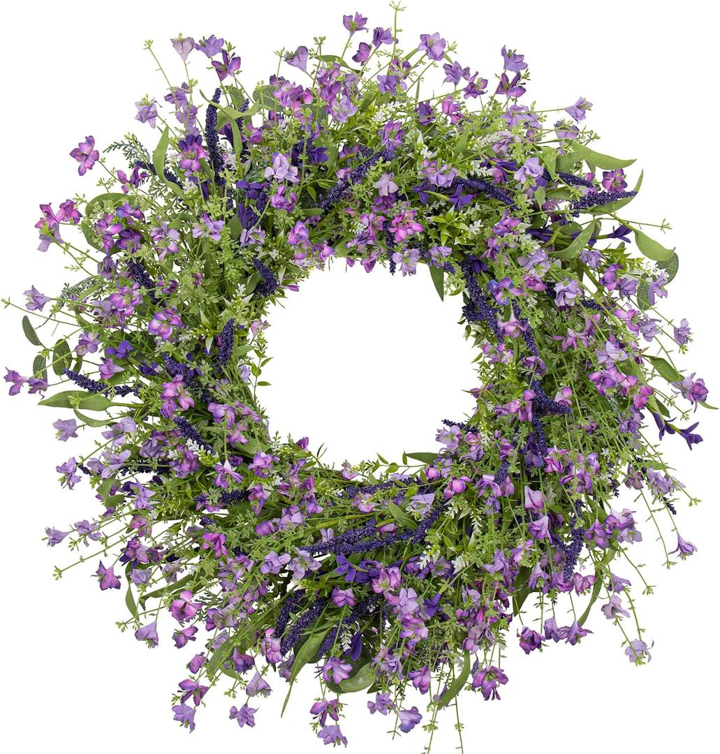 LLZLL Purple Spring Wreaths for Front Door 22 Inch Summer Wreath Artificial Violet Lavender Wreath with Eucalyptus Leaf for Spring Easter Home Decorations