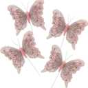 Set of 12 Glitter Monarch Feather Butterflies on Wire for Floral Arrangements and DIY Decorations (Light Pink)