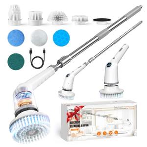Electric Spin Scrubber,Cordless Cleaning Brush,Bathroom Shower Scrubber with Long Handle Adjustable,3 Speeds,IPX7 Waterproof,Digital Display,8 Replaceable Brush Heads for Tile Bathtub Car Kitchen Wall