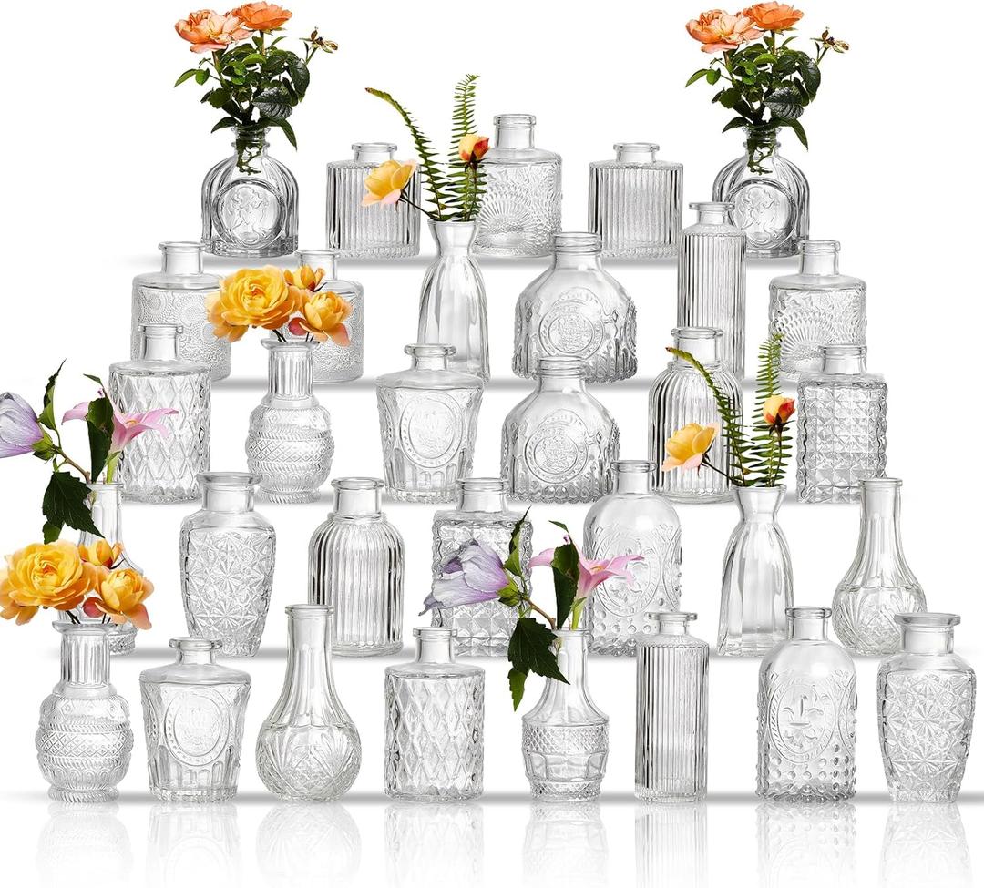 Glass Bud Vases Set of 32 - Assorted Small Mini Glass Vases for Flowers, Crystal Vintage Vase Set, Bulk Centerpieces for Table Dcor, Wedding, Home and Events (Clear, 32 Pcs)