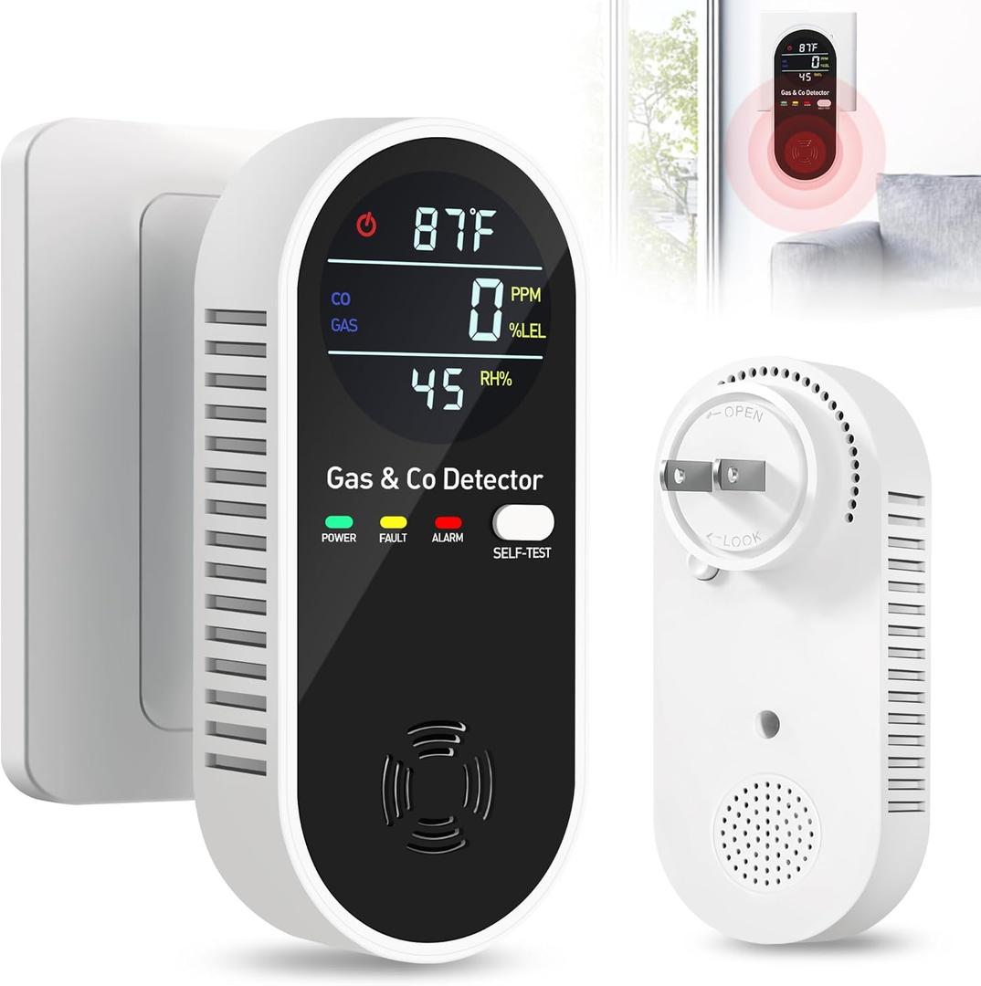 4-in-1 Portable Carbon Monoxide Detectors Plug in  Natural Gas Leak Detector, Methane & CO Alarm with Dual Sensor, Temperature & Humidity Display for Home, RV, Travel, 1 Pack