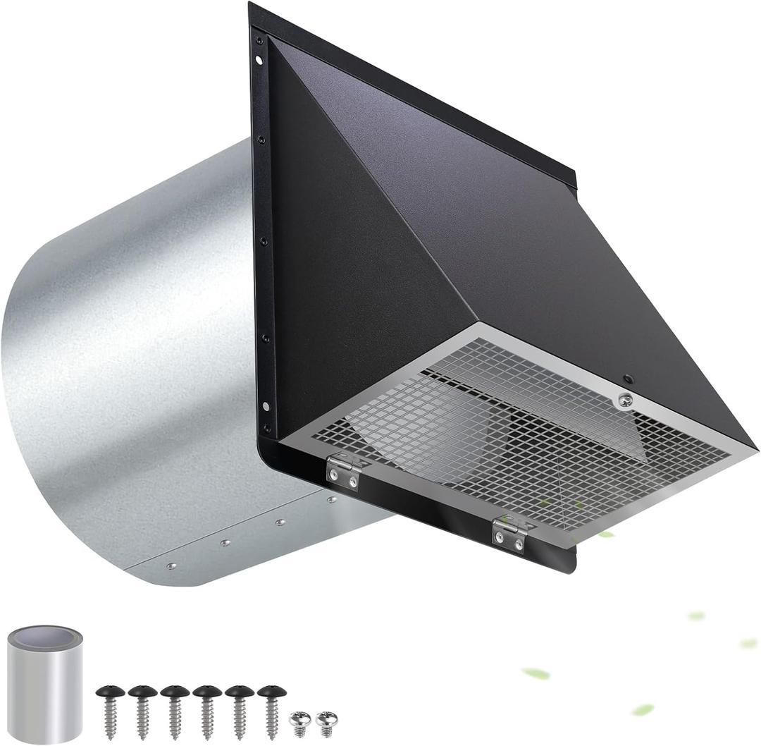 8 inch Hooded Wall Vent with Screen and Damper,Outdoor Wall Vent Cover Exhaust Vent Duct Cap,8" Exterior Vent Cover for Kitchen Range Hood Bathroom HVAC Duct Dryer Ventilation,Galvanized Steel,Black
