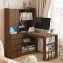 KEIKI L Shaped Home Office Desks with LED Light, Pegboard, Hutch, Drawers, Bookshelf & Storage Shelves, Modern Wooden Gaming Computer Corner Table for Work, Study, Writing, Medium and Left Shelf