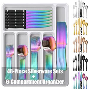 49-Pieces Colorful Rainbow Stainless Steel Silverware Sets With Organizer And Steak Knives,Knife Spoon And Fork Eating Utensils Sets For Ktichen,Multicolor Flatware Sets With Cutlery Tray