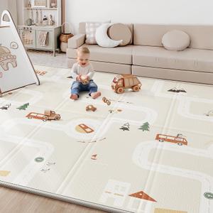 Baby Play Mat, Reversible Baby Girl Play Mat for Floor, Foam Padded Playmats for Babies and Toddlers, Large Foldable 78"x70" Waterproof Baby Crawling Mat for Indoor&Outdoor&Travel(70*78*0.4) (City&Bus)