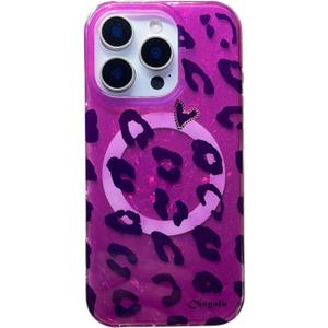 Sparkling Purple Red Leopard Case, Blazing Heart Shimmer Cover Compatible with MagSafe iPhone 16 Pro - Dynamic Magenta