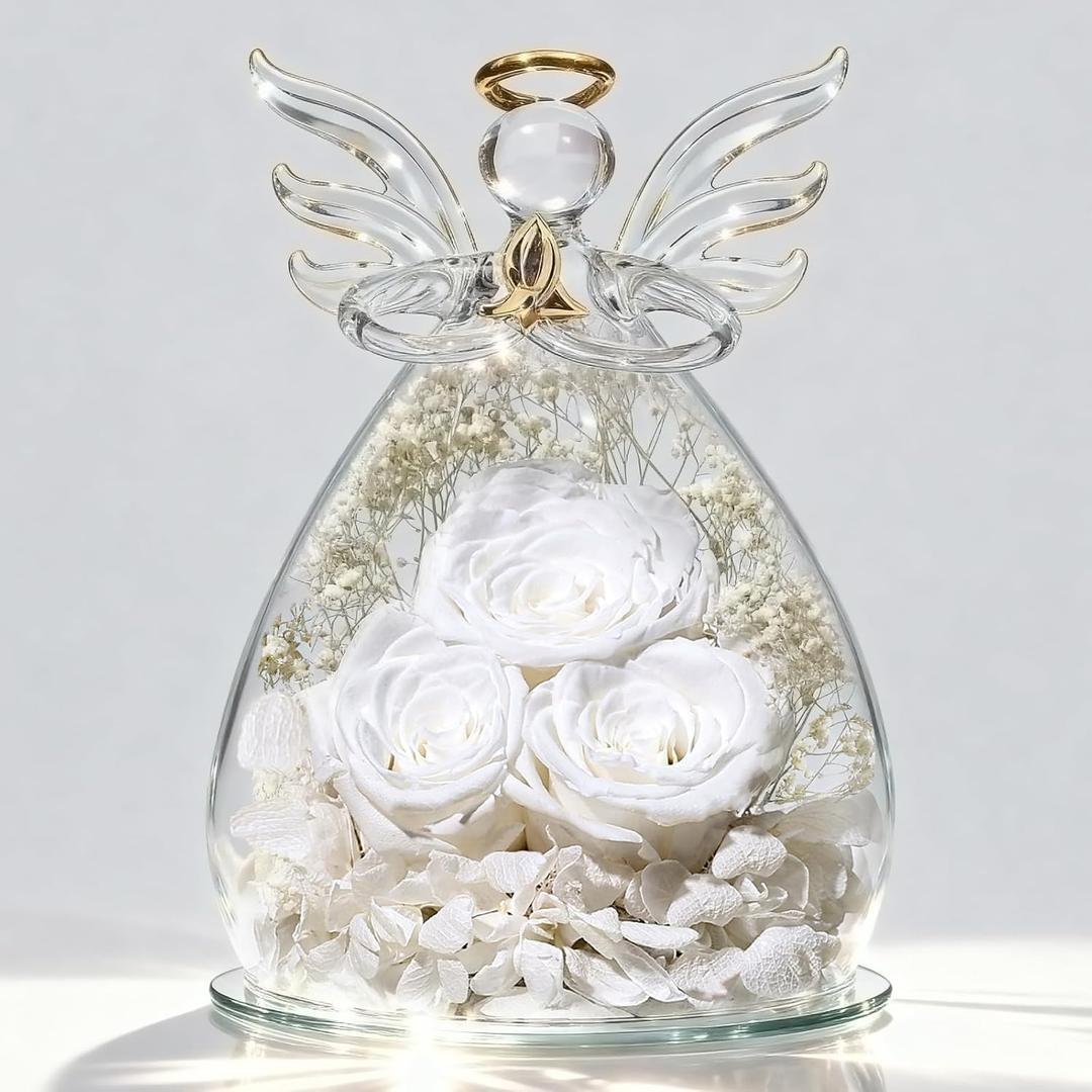 Beferr Gifts for Mom Birthday Gifts for Women, Fresh Flowers for Delivery Forever Preserved Rose in Glass Angel Figurine, Anniversary Christian Real Rose for Grandma Wife Mother from Daughter Son