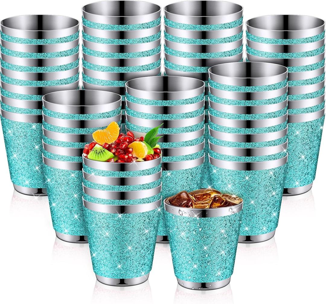 Qinyoung 50 Pcs 1 oz Stainless Steel Shot Glasses Bling Wine Glitter Metal Shot Glasses Bachelorette Wedding Party Supplies for Espresso Whiskey Bar(Teal)