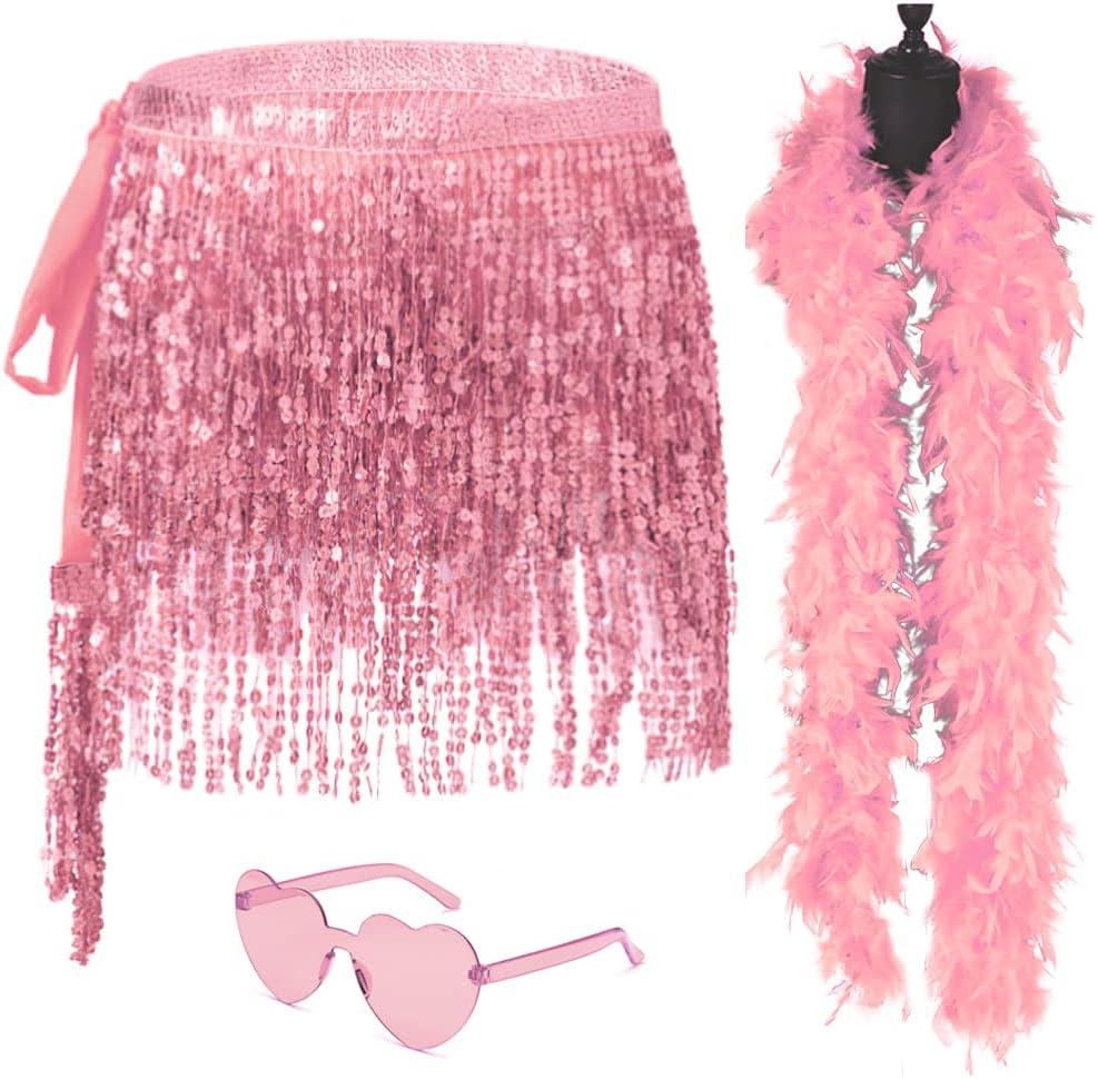 Sequin Skirt - Sequin Skirt for Women Fringe Skirt Belly Dance Rave Disco Cowgirl Sparkle Skirt, with Sunglasses + Boa (One Size Short, Pink)