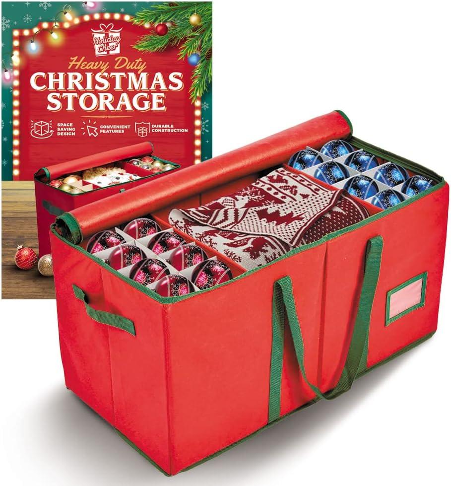 Holiday Cheer Premium Christmas Ornament Storage  Christmas Storage Container for Home Decorations and Festive Office Organizer  Fits 128 Holiday Ornaments  Tear-Proof Fabric (Red)