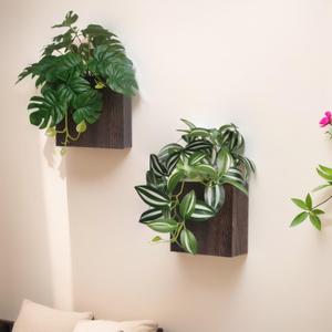 Wood Wall Planter Vase with Artificial Plants Wall Decor, Small Wall Plant Decor Hanging Greenery Fake Monstera Indoor for Living Room Bedroom Bathroom Kitchen Office (Brown)