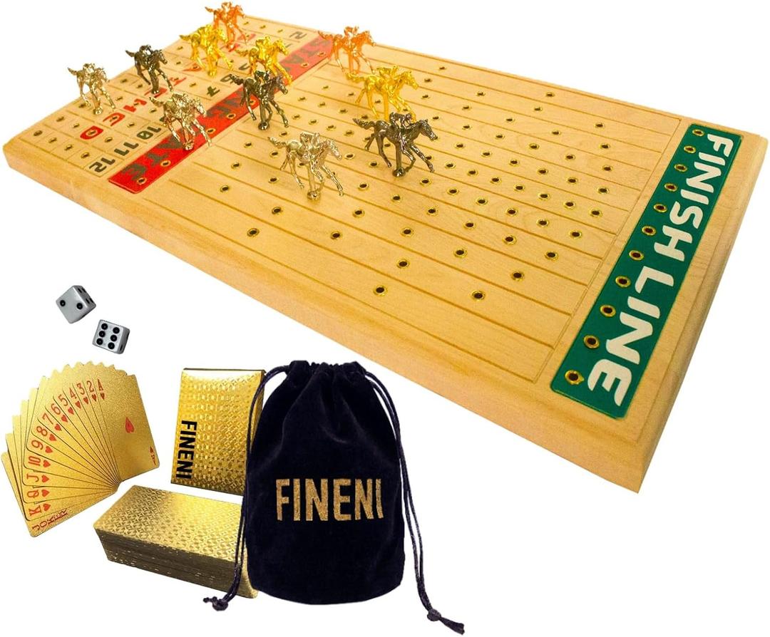 Horse Racing Game for Adults, Horse Race Board Game with 11 Luxurious Metal Horses (Gold, Silver, Black, Rose Gold), 22 Beech Wood Horse Race Game Board, Dice & Golden Card Included (Beech), 12 inches x 21 inches x 1 inch