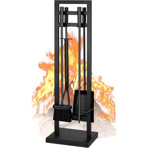 FEED GARDEN Fireplace Tools Set 5 Pieces, 30 Inch Modern Wrought Iron Outdoor Fireplace Accessories Set Long Holder Indoor with Poker, Tongs, Shovel, Brush, Base Black