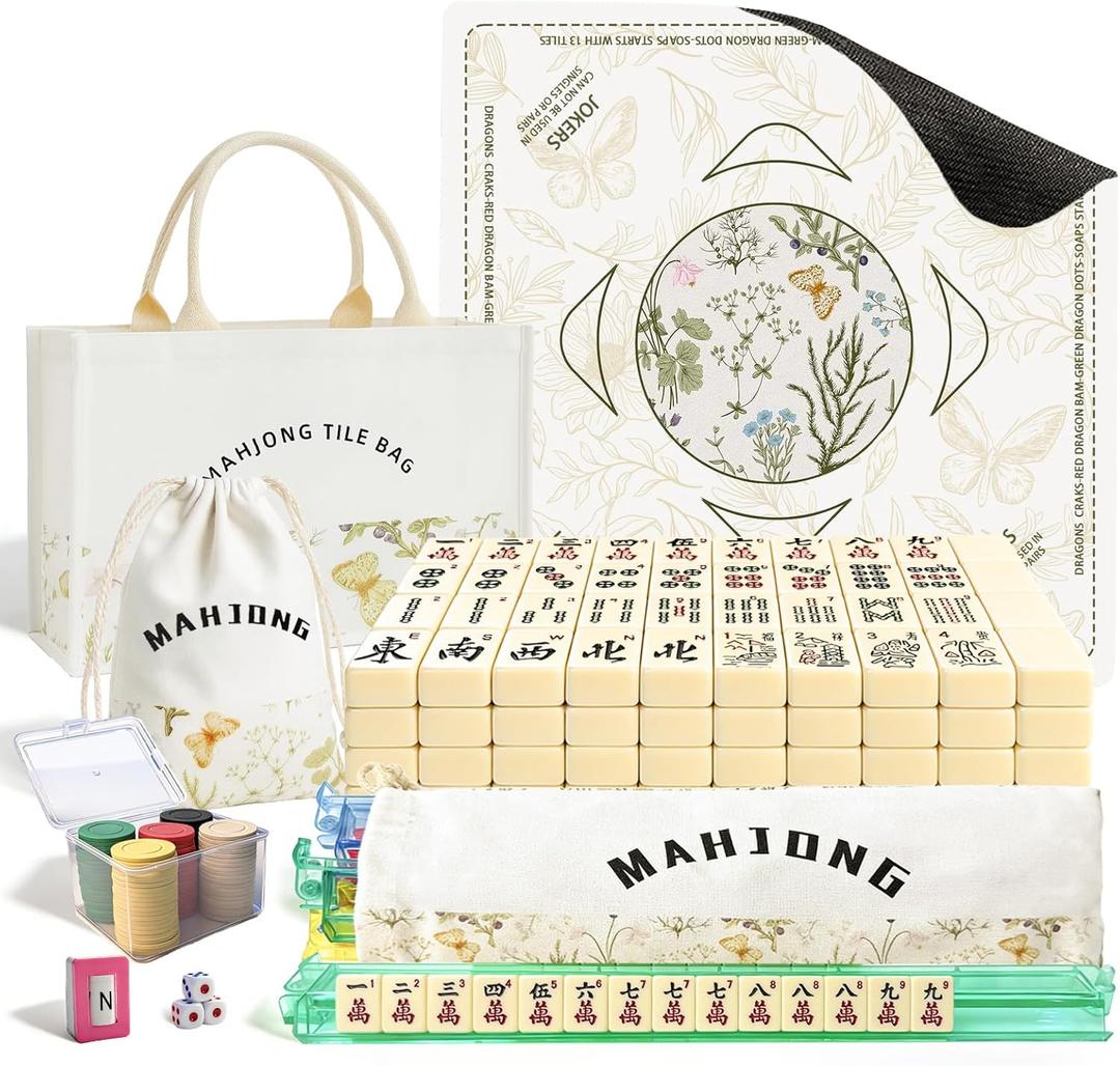 American Mahjong Tiles Set with Noise Reducing Mahjong Mat, 166 White Mahjong Game with Portable Storage Bags, 4 All-in-One Color Rack/Pushers, Scoring, Plastic Coins Dices for Adults & Beginners