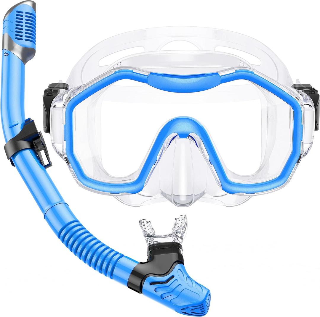 Snorkeling Gear for Adults Kids, Dry-Top Snorkel Set, 180Panoramic Wide View Diving Mask Breathing Freely Snorkel Mask for Snorkeling Scuba Diving Swimming Travel (K20-Blue)
