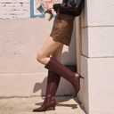 wetkiss Rhinestone/PU Low Chunky Pointed Toe Knee High Boots for Women with Full Bling Sparkly Crystals Booties for Wedding Party Date Dress (7, Kitten Burgundy Red)