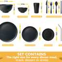 Teivio 88-Piece With Flatware Kitchen Plastic Wheat Straw Dinnerware Set for 8, Dinner/Dessert/Appetizer Plates, Cereal Fruit Bowls, Pasta Bowls, Cups, Unbreakable Dishwasher Safe Outdoor Dish, Black