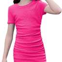 OYOANGLE Girl's Textured Drawstring Side Ruched Short Sleeve Bodycon Pencil Short Dress (Pink)