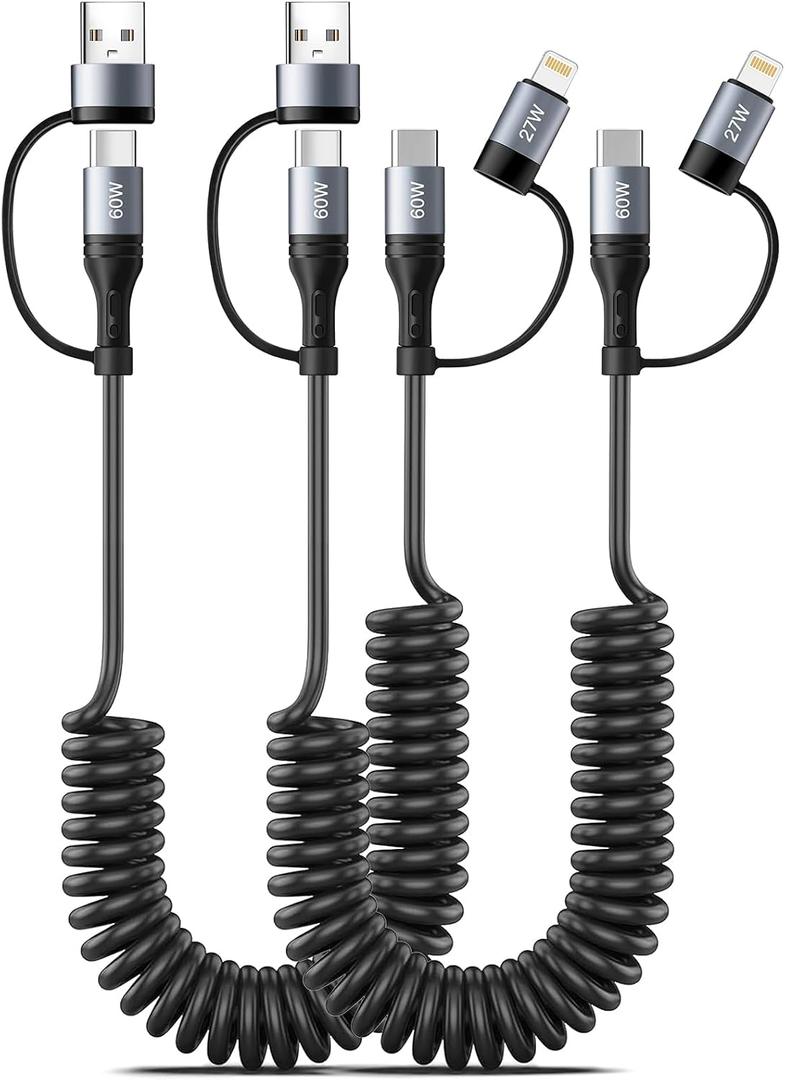 60W Coiled USB C Cable Fast Charging,2Pack 4 in 1 Charging Cable 4FT Retractable Car Charger Cord for CarPlay Short USB C to USB C to Lightning Cable for iPhone 17/16/15/14/13/12/iPad/AirPods/MacBook