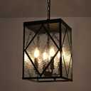 Outdoor Pendant Light with Water Ripple Glass, 4-Light Exterior Hanging Porch Light, Large Lantern Pendant Light, Waterproof Black Outside Chandelier for House Front Door Patio Entrance